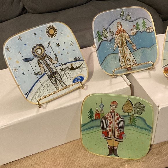 VTG Fragonard Parfumeur Folk Art Glass Decor Plates-Square Set of 4-5.75" D-EUC - Picture 2 of 12